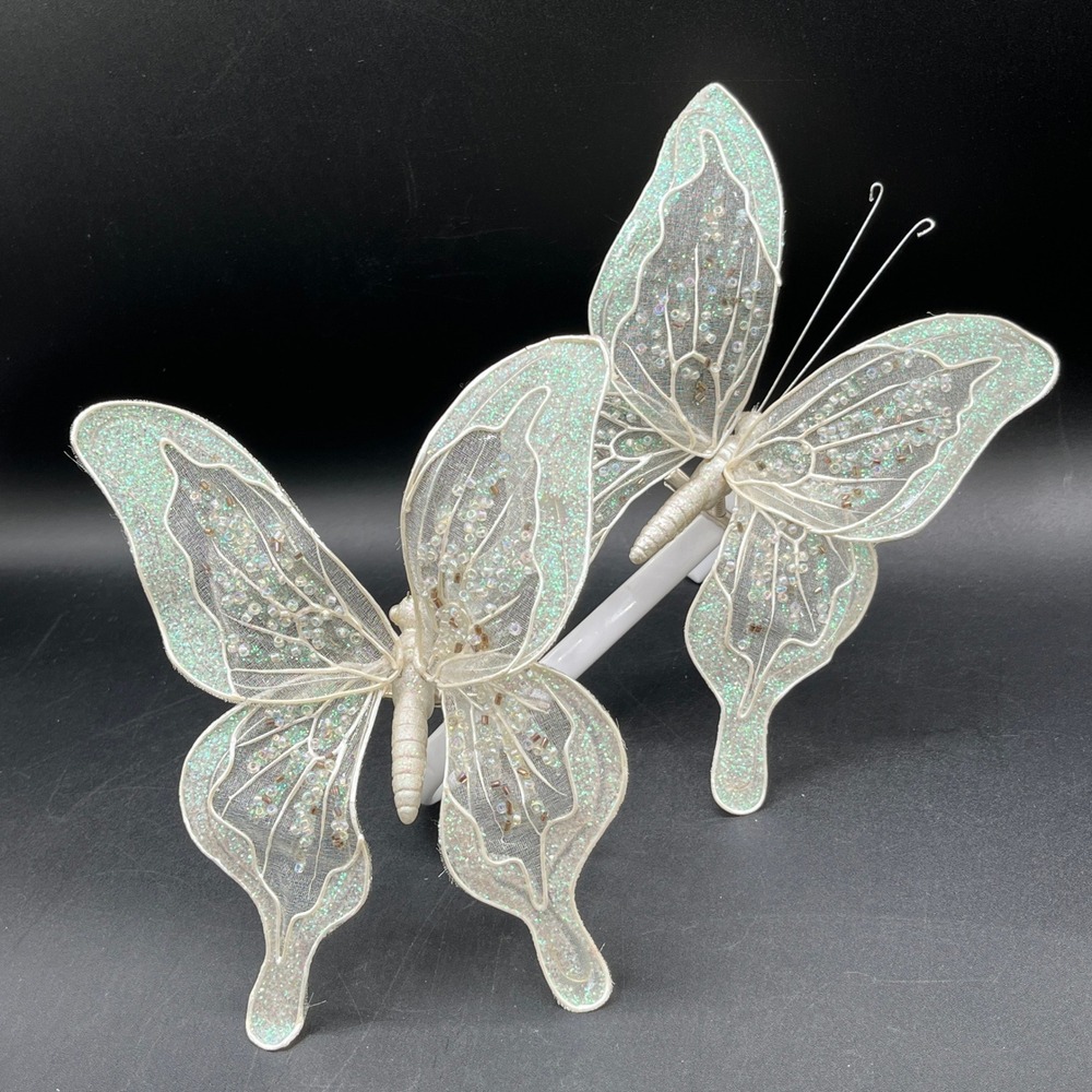 Set of 2 Iridescent Mesh Butterfly Clips Glitter Bead Accents Fairycore 6.25"